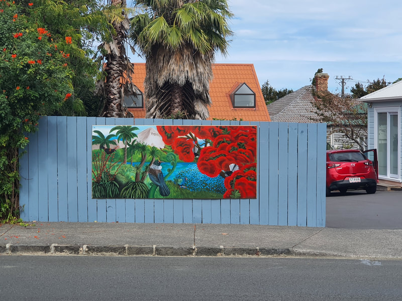 Fence mural panel depicting native New Zealand birds and landscape